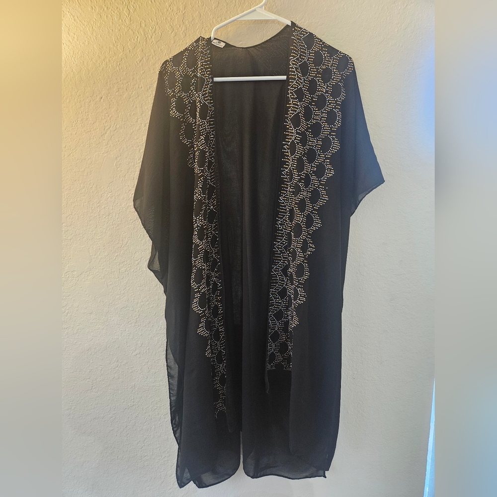 Jessica McClintock Shawl Wrap Black With Silver Gold Beading Classy Stylish EUC